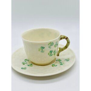 Belleek Shamrock Basket Weave BELLEEK POTTERY SHAMROCK Tea Cup and Saucer Set